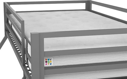 Novogratz Maxwell Metal Bunk Bed Frame for Kids and Teens, with Angled Ladder, High Guardrail and Metal Slats, No Boxspring Required, Underbed Storage Space, Twin-Over-Full, Gray