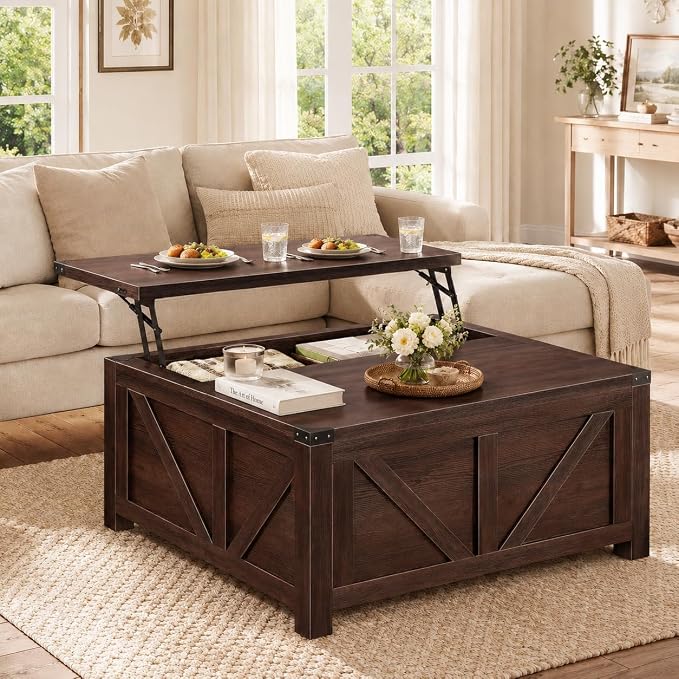Simple Deluxe Lift Top Coffee Table with Storage, 35.5" Square Coffee Tables for Living Room, Farmhouse Coffee Table with Power Outlets, Coffee Tables with Lifting Top for Living Room (Brown)