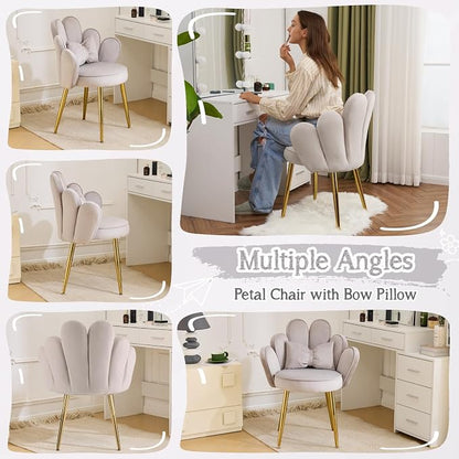 VINGLI Petal Makeup Vanity Chair with Back,Flower Cute Girls Desk Chair Comfy No Wheels,Modern Dining Chair,Small Accent Chair with Adustable Gold Legs&Bow Pillow for Home Office,Bedroom,Velvet,Grey