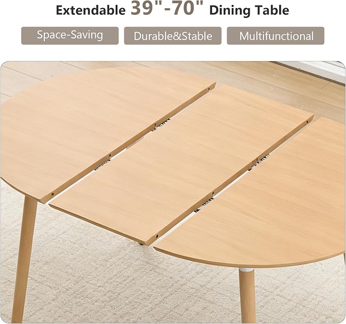 Extendable Round Dining Table for 4 6 Wooden Dining Room Table 39" to 70" Modern Kitchen Table for Dining Room Office Expandable Oval Dinner Table with MDF Top Natural Wood