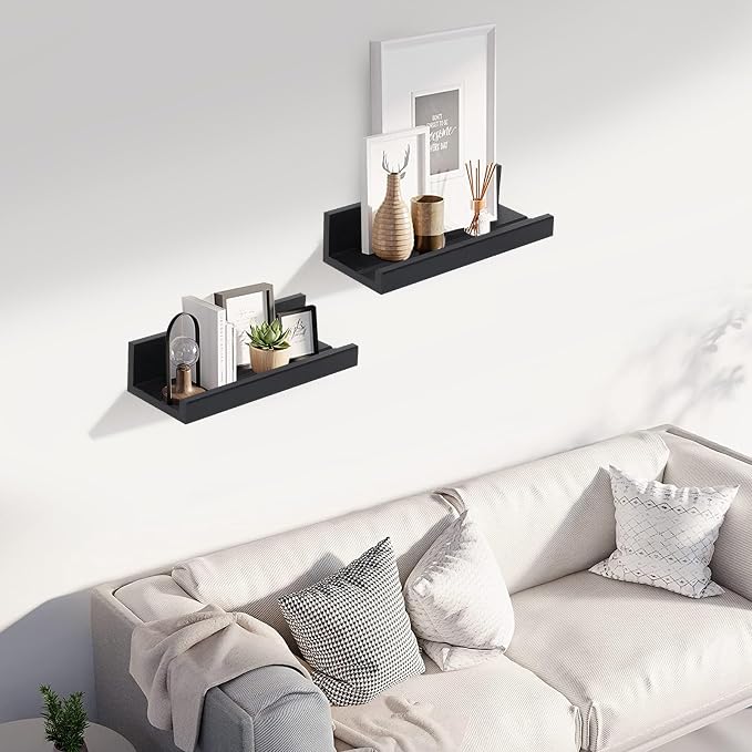 Muzilife 12" Small Floating Wall Ledge Shelves with Lip - Set of 4 Wood Floating Shelves - Black Wall Mounted Picture Ledge for Office, Bathroom, Bedroom, Living Room, Kitchen