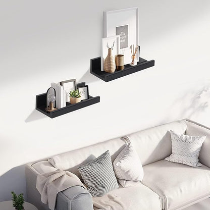 Muzilife 12" Small Floating Wall Ledge Shelves with Lip - Set of 4 Wood Floating Shelves - Black Wall Mounted Picture Ledge for Office, Bathroom, Bedroom, Living Room, Kitchen