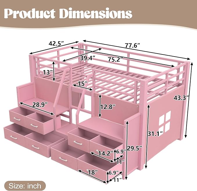 Bellemave Twin Size Low Loft Bed with 8 Fabric Storage Drawers,Metal Loft Bed Frame with Shelves and LED Lights for Boys Girls,Kids Loft Bed Twin Size,Pink
