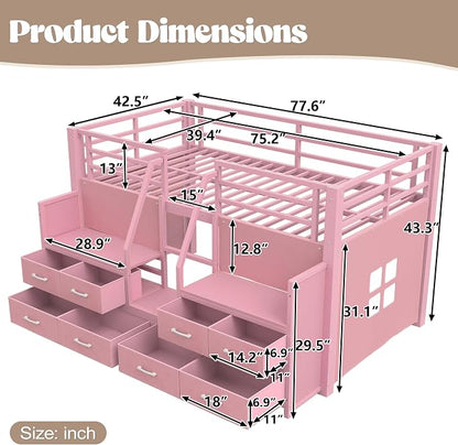 Bellemave Twin Size Low Loft Bed with 8 Fabric Storage Drawers,Metal Loft Bed Frame with Shelves and LED Lights for Boys Girls,Kids Loft Bed Twin Size,Pink
