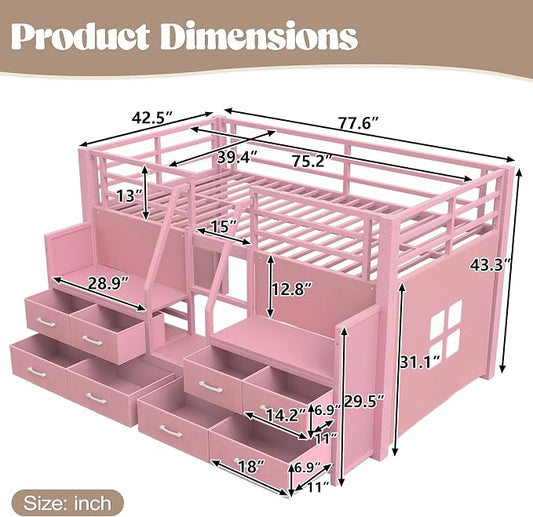 Bellemave Twin Size Low Loft Bed with 8 Fabric Storage Drawers,Metal Loft Bed Frame with Shelves and LED Lights for Boys Girls,Kids Loft Bed Twin Size,Pink