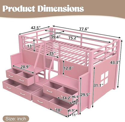 Bellemave Low Loft Bed Twin Size with Storage Shelves & Fabric Drawers, Metal Twin Loft Bed for Kids with LED Lights & Under-Bed Play Area, Low Loft Bed Frame for Bedroom, No Box Spring Needed, Pink