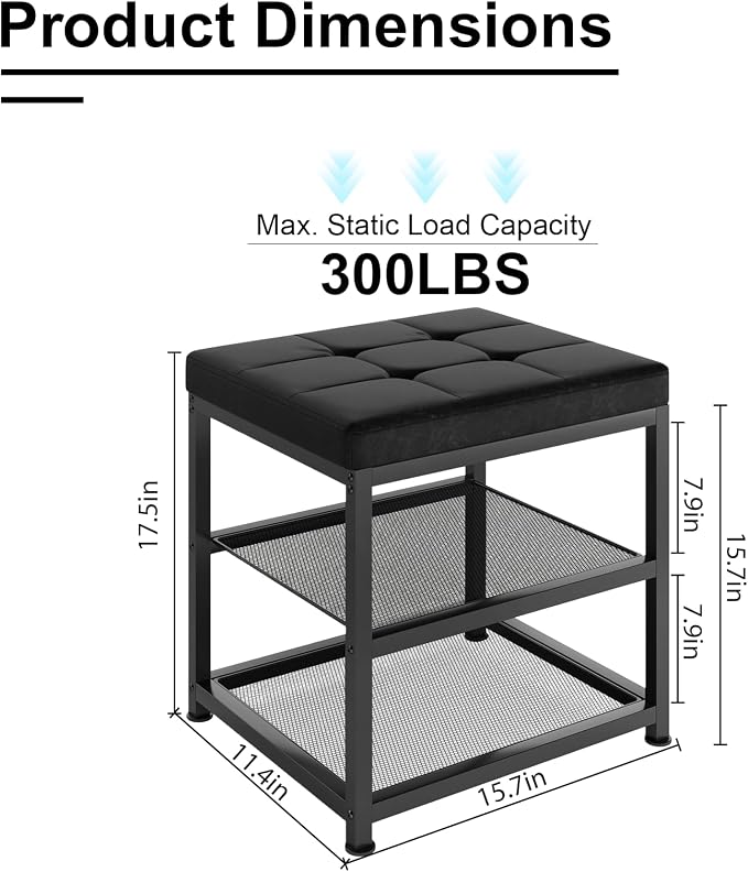 Small Shoe Storage Bench with PU Leather Seat Cushion, 3-Tier Freestanding Shoe Rack Organizer for Entryway, Heavy-Duty Metal Mesh Shelves, Supports Up to 300 lbs, Black (15.7"x11.4"x17.5")