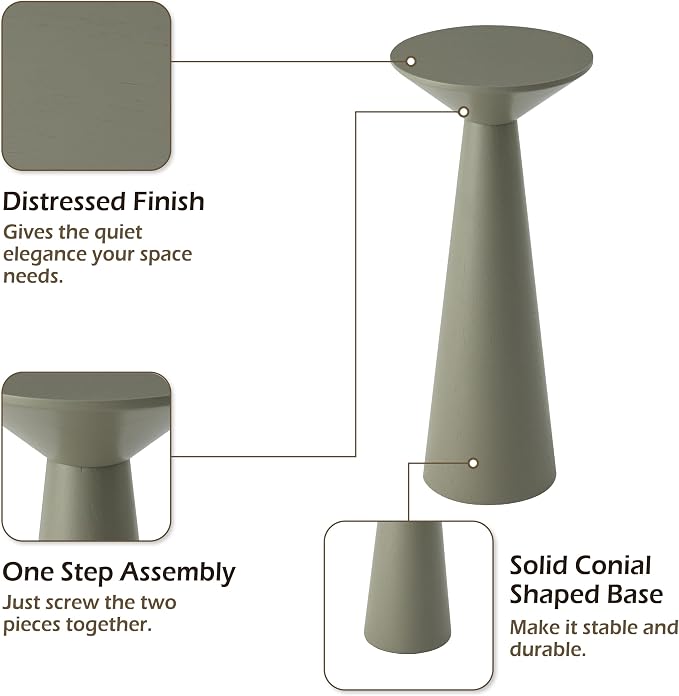 COZAYH Farmhouse Tall Pedestal End Table Small Solid Wood Martini Table Plant Stand Modern Round Drink Table for Small Space Living Room, Sage Green