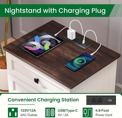 20-Inch Wide Modern Nightstands Set of 2 with Charging Station, End Tables with 3 Large Drawers, Simple Design Bedside Table for Bedroom and Office,White
