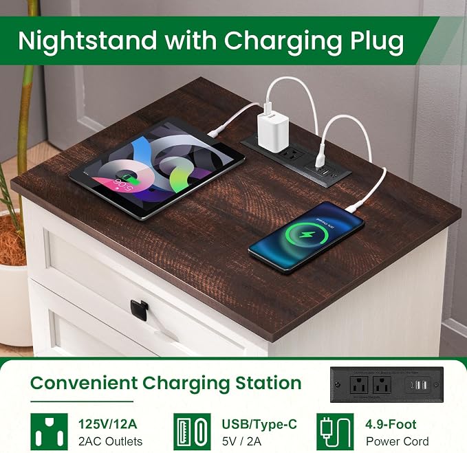 20-Inch Wide Modern Nightstand with Charging Station, End Table with 3 Large Drawers, Simple Design Bedside Table for Bedroom and Office,White(Single Piece)