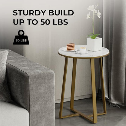 Dorriss Round End Tables, Small Side Table White Marble Texture MDF Top,Metal Frame Gold Color, Tall End Table for Bed Room,Coffee Tea End Table for Living Room (White Marble+Gold)