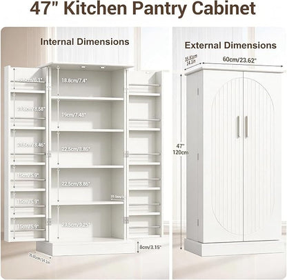 kepptory 47" Kitchen Pantry Cabinet with Doors and Adjustable Shelves, Freestanding Pantry Storage Cabinet, Farmhouse Buffet Cupboard for Kitchen, Dining Room, Living Room, White