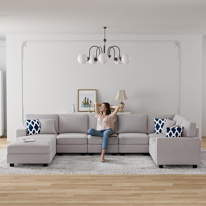 Legend Vansen Oversized Modular Sectional Sofa,U/L‑Shaped Reversible Couch with Ottoman,Deep Seat Plush Polyester Sofa for Living Room,9‑Seater,Light Grey