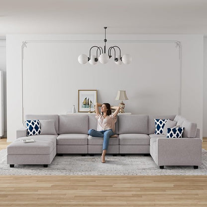 Legend Vansen Oversized Modular Sectional Sofa,U/L‑Shaped Reversible Couch with Ottoman,Deep Seat Plush Polyester Sofa for Living Room,9‑Seater,Light Grey