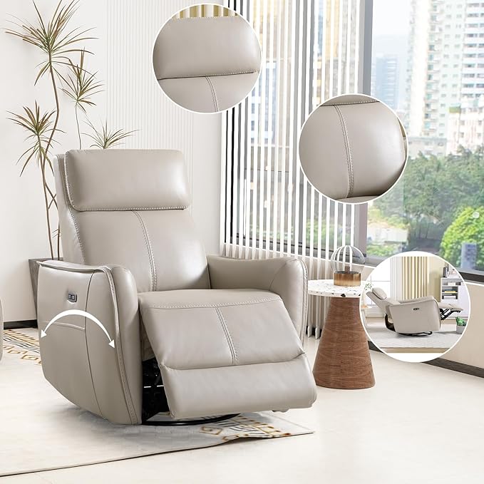Bonzy Home Power Swivel Rocker Recliner Chair with USB Port, Wide Seat, Head & Lumbar Support, Upholstered Glider Chair for Living Room, Nursery, Silver
