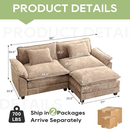 Oprisen 86" Modular Sectional Sofa, Comfy Cloud Couch Sectional Sofa with Ottoman, Chenille Sofa Sleeper Deep Seat Sofa with Throw Pillows for Living Room (Khaki, 86"- L Shape)