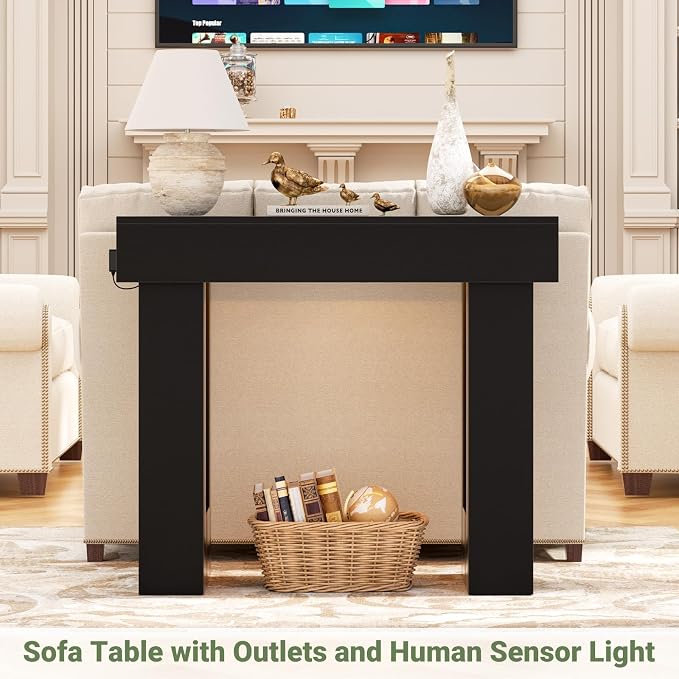 Unikito 39" Entryway Table with Socket and Sensor Light, Narrow Console Table with Storage Behind Couch, Farmhouse Entryway Table for Hallway, Behind the Couch, Living Room, Foyer, Black