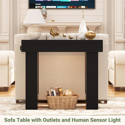 Unikito 39" Entryway Table with Socket and Sensor Light, Narrow Console Table with Storage Behind Couch, Farmhouse Entryway Table for Hallway, Behind the Couch, Living Room, Foyer, Black