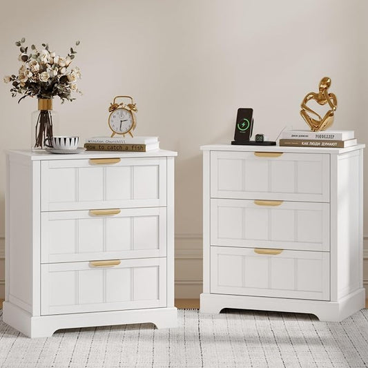 ChooChoo White Nightstand Set of 2, 3 Drawer Night Stand with Charging Station, Larger Bedside Table with USB-C, Modern End Table with Storage for Bedroom