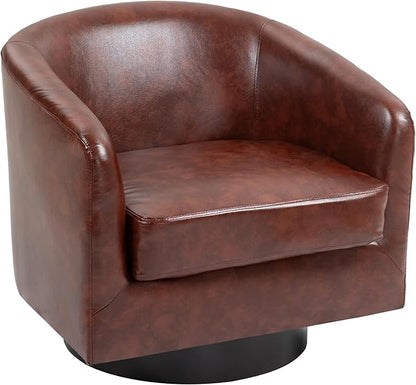PU Leather Swivel Barrel Accent Chair, Upholstered Armchair Club Chair for Living Room, Round Arm Chair Bedroom Single Sofa Reading Seat - Red Brown