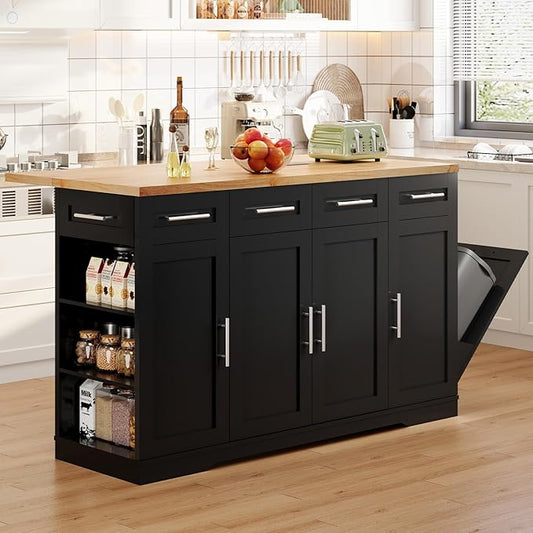 Dripex 53'' Rolling Kitchen Island with Power Outlet, Drop Leaf & Trash Can Storage, Large Island Cart on Wheels with Rubberwood Top, 4 Drawers, Open Shelves, for Kitchen, Dining Room (Black)