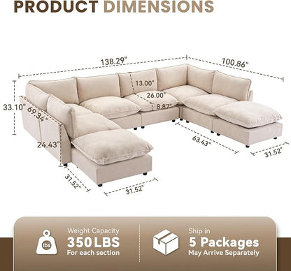 Iroomy Modular Sectional Sofa, U Shaped Chenille Cloud Couch, Deep Comfy Seat, 6-Seater Sofas Couches for Living Room, Beige