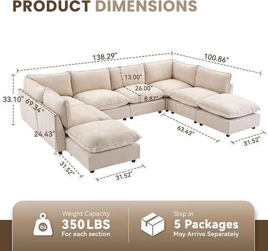 Iroomy Modular Sectional Sofa, U Shaped Chenille Cloud Couch, Deep Comfy Seat, 6-Seater Sofas Couches for Living Room, Beige