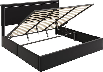 Allewie King Size Lift Up Storage Bed Frame with Charging Station & LED Lights, Adjustable Velvet Upholstered Storage Headboard, Type-C & USB Ports, Hydraulic Support, No Box Spring Needed, Black