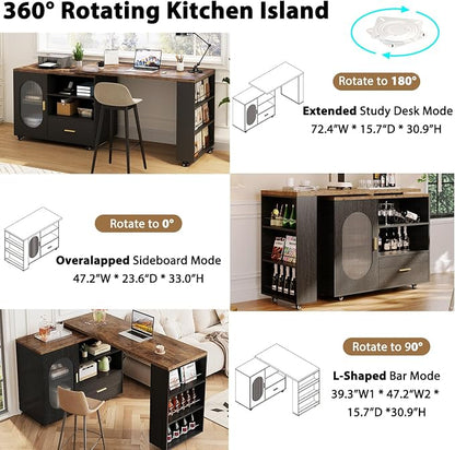 HSH 72" Rustic Kitchen Island with Storage, Mobile Farmhouse Kitchen Island Cart with Cabinet, Drawer & Shelves, Island Table on Wheels for Meal Prep, Dining Room & Home Bar, Rustic Brown & Black Oak