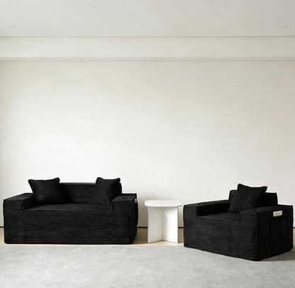 2 Pcs Living Room Cloud Sofa Set, Boneless Sofa Couches with Cup Holder with Side Pocket for Compact Living Rooms, Apartments (Black, Single Chair + Loveseat)