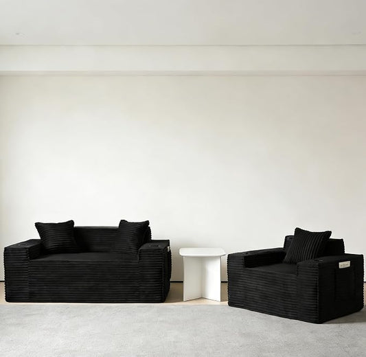 2 Pcs Living Room Cloud Sofa Set, Boneless Sofa Couches with Cup Holder with Side Pocket for Compact Living Rooms, Apartments (Black, Single Chair + Loveseat)