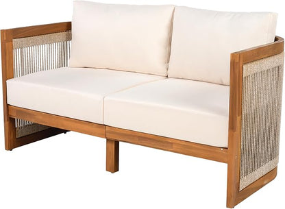 Christopher Knight Home Nesbit 8-Seater Patio Furniture Set with Removable Cushion, 8 Piece Outdoor Acacia Wood Conversation Set, Wooden Outdoor Sectional Sofa Set with Coffee Table, Beige