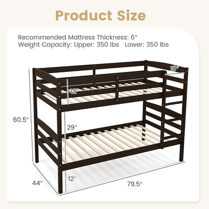 KOMFOTT Bunk Bed Twin Over Twin, Bunk Bed Frame w/Full-Length Guardrail & Integrated Ladder, Wood Bunk Bed for Small Space, Converts to 2 Individual Beds for Kids & Adults, No Box Spring Needed