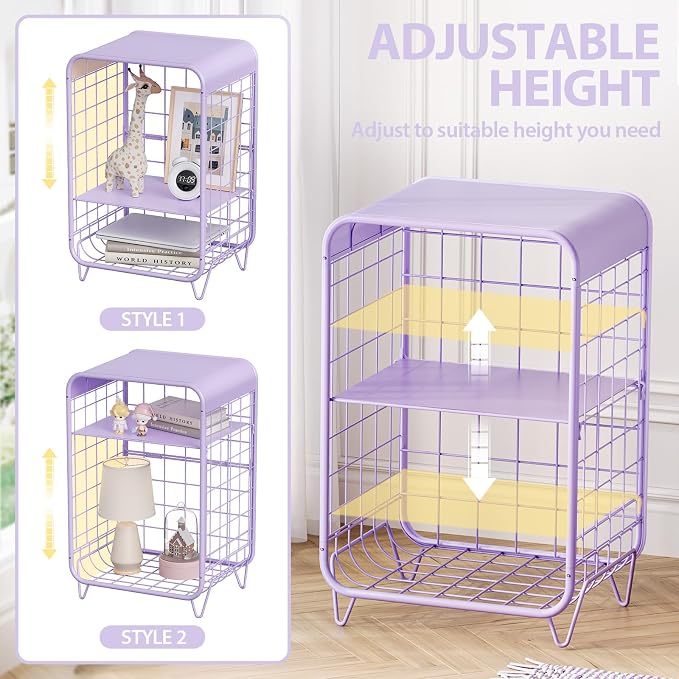 APEXCHASER Cute Kids Nightstand,Metal Side Table,3 Tier End Table with Storage,Vintage Bedside Table,Girls Bedroom Furniture,Coffee Table for Living Room,Bedroom,Dorm,Purple