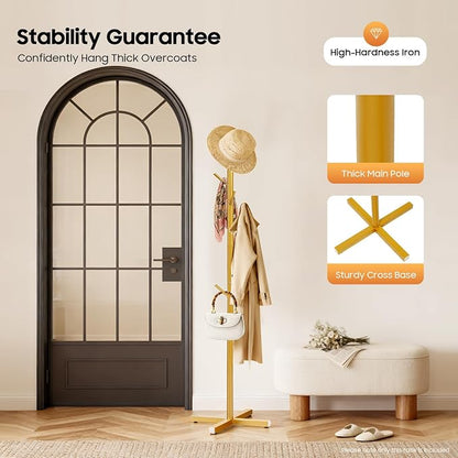 Modern Coat Rack,Free Standing 7 Hooks Hall Tree,Easy Assembly for Coats, Hats,Scarves and Handbags for Entryway, Hallway,Bedroom,Office,Gold