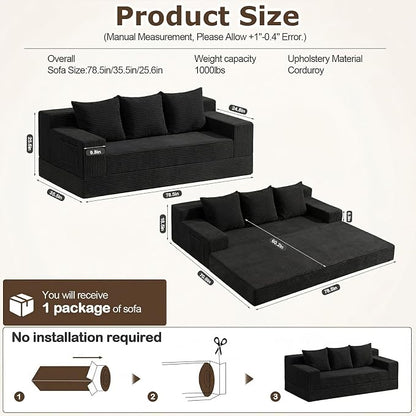 cidludto Convertible Sofa Bed, 78" Oversized Boneless Loveseat Couch 2 in 1 Foldable Futn Bed Couch in A Box, Folding Sofa Chair for Living Room, No Assembly Required, Black