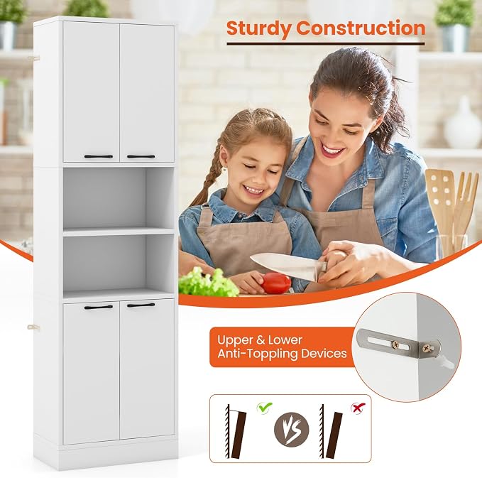 Giantex Kitchen Pantry Cabinet, 75” Tall Freestanding Cupboard with Doors & Shelves, Safety Hinges & Anti-Tipping Devices, Storage Sideboard for Dining Room, Living Room (White)