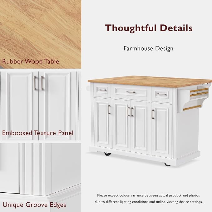 Large Kitchen Island with Rubber Wood Drop Leaf, Rolling Kitchen Cart with Ample Storage on Wheels with Doors and Drawers, Embossed Texture for Dining Room (54Inch, White, Silver Handle)
