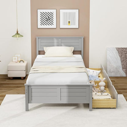 Giantex Wood Twin Bed with 2 Storage Drawers, Solid Wood Platform Bed with Headboard, Wooden Slats Support Mattress Foundation, No Spring Needed, Twin Bed Frame for Kids, Teens, Adults, Grey