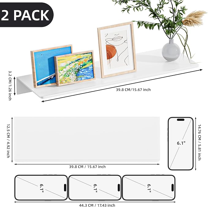 HNVNER 2-Piece Glossy White Metal Floating Shelves - Aluminum Alloy Wall Mounted Shelf No Drilling, Rust-Proof, 15.7" Width for Home Decor & Storage in Living Room, Bedroom, Bathroom