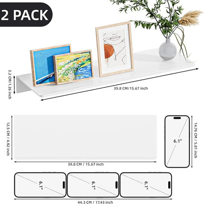 HNVNER 2-Piece Glossy White Metal Floating Shelves - Aluminum Alloy Wall Mounted Shelf No Drilling, Rust-Proof, 15.7" Width for Home Decor & Storage in Living Room, Bedroom, Bathroom