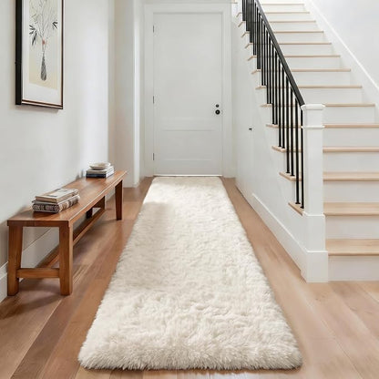 Ophanie Runner Rug for Hallway, 3x8 Washable Non-Slip Fluffy Soft Bedside Rugs, Bedroom Living Room Shaggy Carpet for Kids Girls Boys Dorm Nursery Decor Aesthetic, Ivory with Over 99 pcs Pile fibers