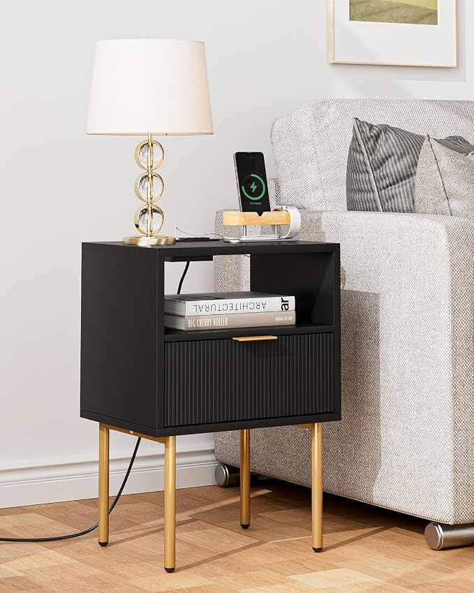 Masupu Nightstand with Charging Station,Mid-Century Modern Bedside Table with Storage Drawer and Open Wood Shelf,Small Gold Frame Side Table for Bedroom,Living Room (Black)