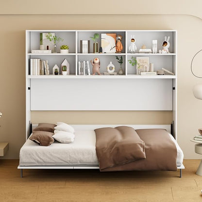 Twin Size Flipping Murphy Bed Cabinet with Shelf Storage, Modern Hideaway Beds, Wall Bedframe for Bedroom,Space-Saving, Noise Free, White