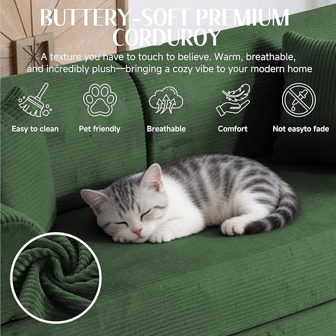 79'' Convertible Sofa Bed, 6 in 1 Folding Floor Futon Couch Sleeper with Fixed Frame, Corduroy Modular Sofa Bed with Removable Armrests & Pillows, No Assembly for Living Room Bedroom (Green)