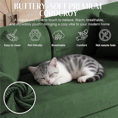 79'' Convertible Sofa Bed, 6 in 1 Folding Floor Futon Couch Sleeper with Fixed Frame, Corduroy Modular Sofa Bed with Removable Armrests & Pillows, No Assembly for Living Room Bedroom (Green)