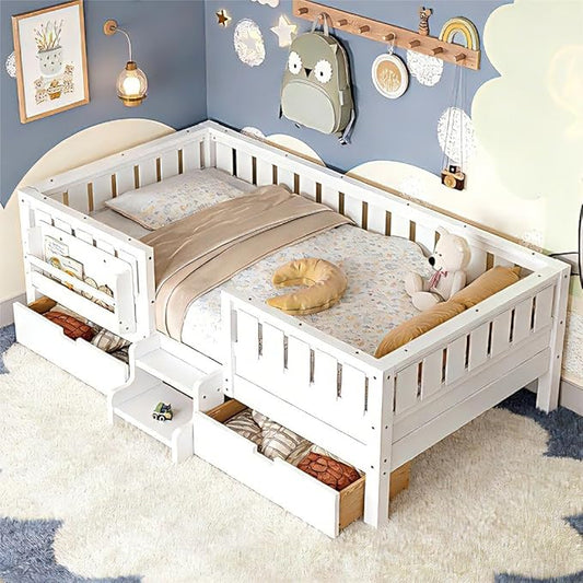 Bellemave Twin Bed with Storage Drawers & Bookshelf, Low Profile Kids Bed Frame with Staircase & Full Length Guardrails, Solid Wood Twin Bed for Kids with Slats Load 300LBS, Easy Assembly, White