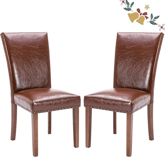 COLAMY Parsons Dining Chairs Set of 2, Upholstered Nailhead PU Leather Dining Room Kitchen Side Chair with Thick Cushions and Wood Legs, Light Brown