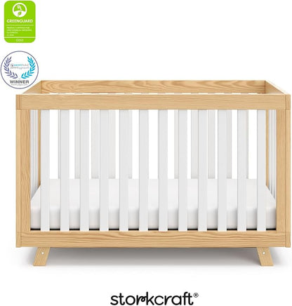 Storkcraft Beckett 3-in-1 Convertible Crib – GREENGUARD Gold Certified, Fits Standard Crib Mattress, Converts to Toddler Bed and Daybed, 4 Mattress Heights, Grow-with-Me Design (Natural and White)