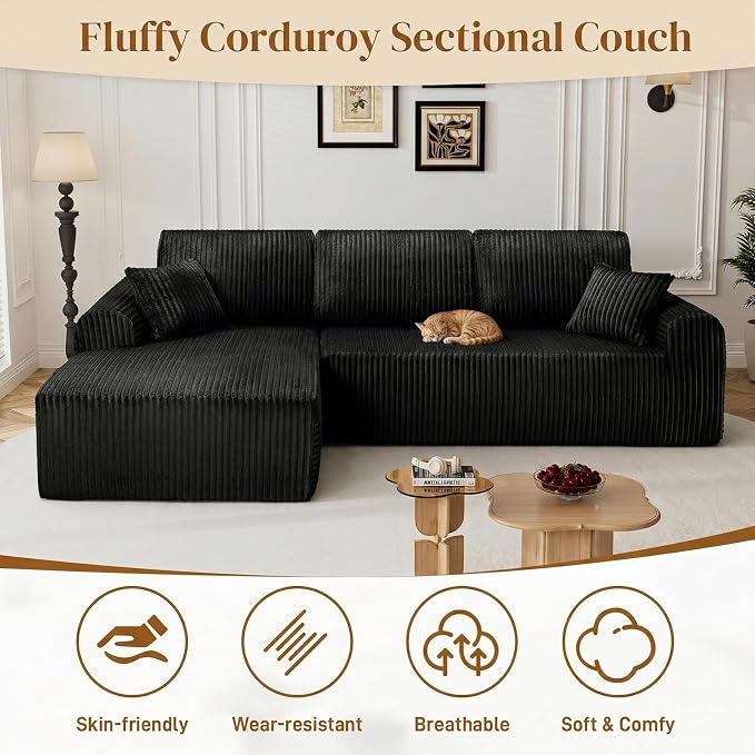 110" L Shaped Boneless Sectional Couches for Living Room, Comfy Corduroy Floor Cloud Sofa with Chaise, Wide Armrest, Deep Seat, Memory Foam, Assembly Free, Ideal for Small Spaces, Black